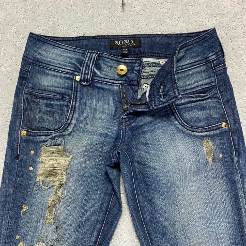 XOXO Womens Skinny Jeans Size 3/4 Blue Denim Distressed Ripped Gold‎ Accents Y2k